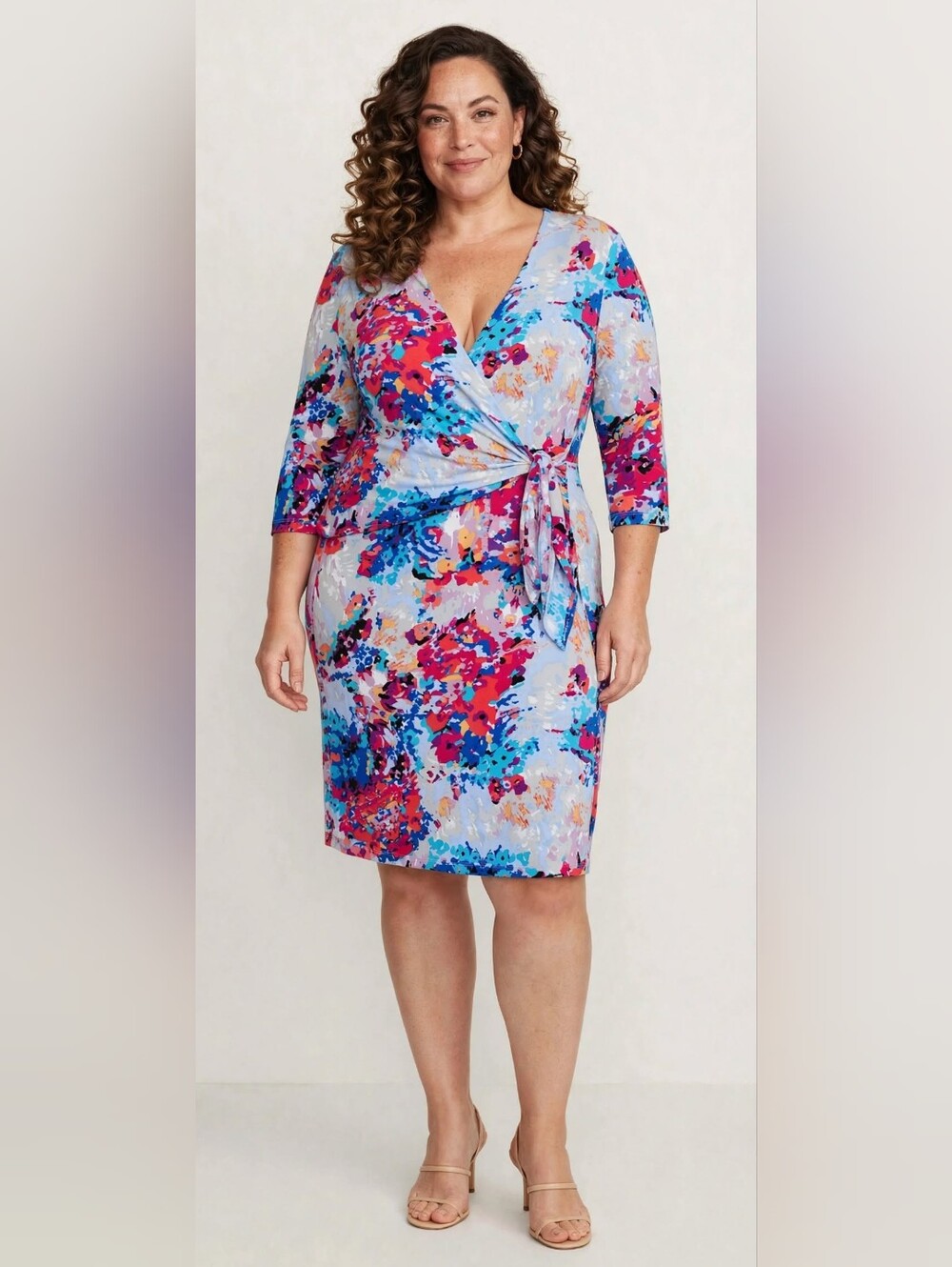 George XL Watercolor Floral Faux Wrap Tie Front Dress 3/4 Sleeve